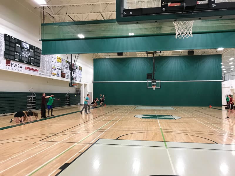 Schulsporthalle mit Basketballkörben und grünen Wänden – Schulsport in Alberta